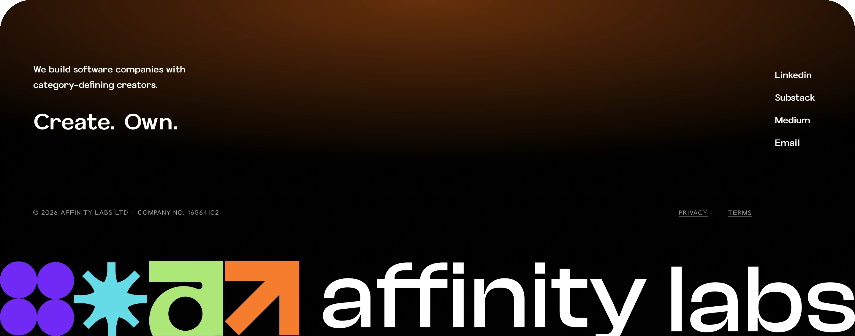 Affinity Labs. We build software companies with category-defining creators. Create. Own.