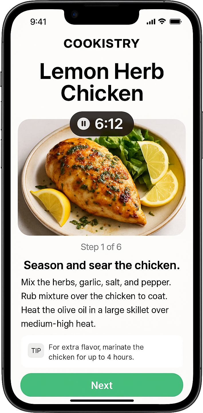 Recipe App Interface showing a Lemon Herb Chicken recipe with step-by-step instructions