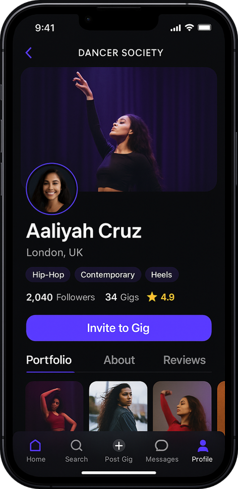 Dance class booking app showing dancer profile with class details and booking options