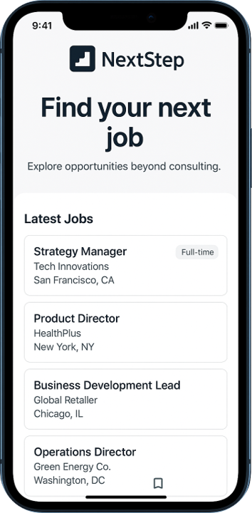 NextStep job platform showing latest job opportunities including Strategy Manager, Product Director, and other positions
